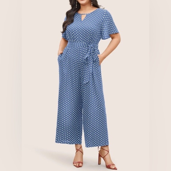 BloomChic Pants - BloomChic Blue Polka Dot Belted Jumpsuit NWOT 18-20